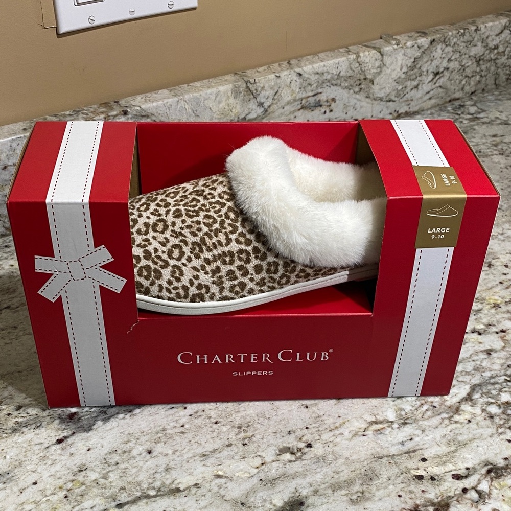 Charter Club Brown Leopard Slippers with White Fur